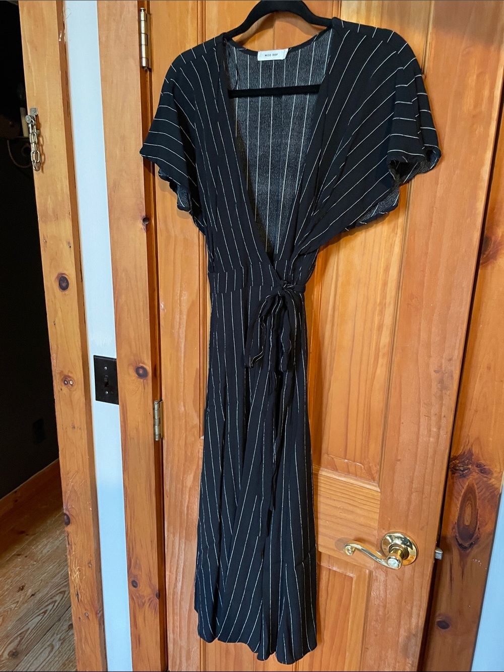 Mod Ref Black Pinstriped Wrap Maxi Dress